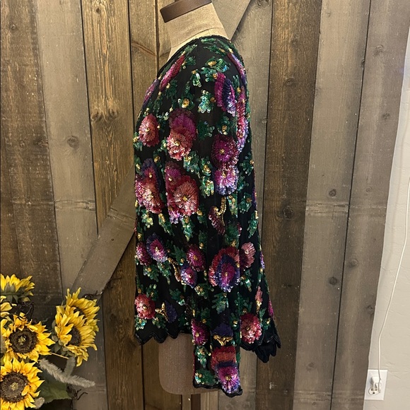 Vintage Laurence Kazar 2X Silk Sequin Floral Sheer Sleeve Blouse Top Black - Picture 5 of 11